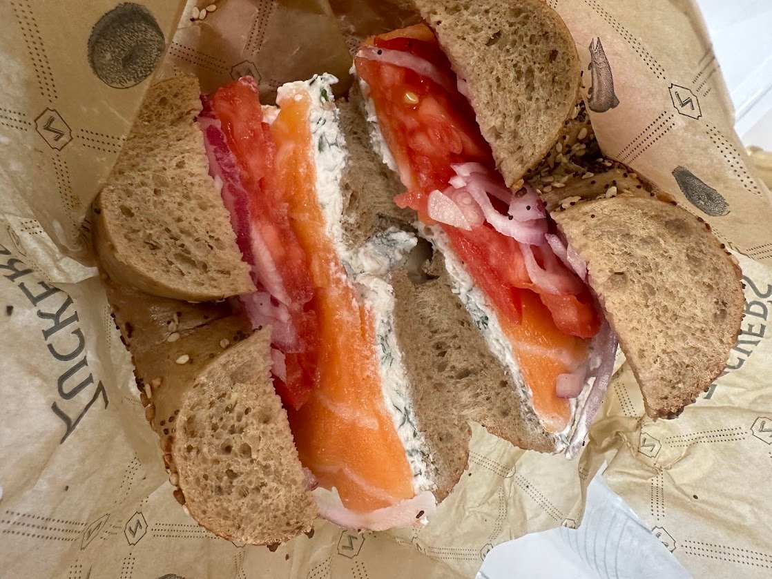 Bagel with vegan salmon, onion and capers from Zuckers
